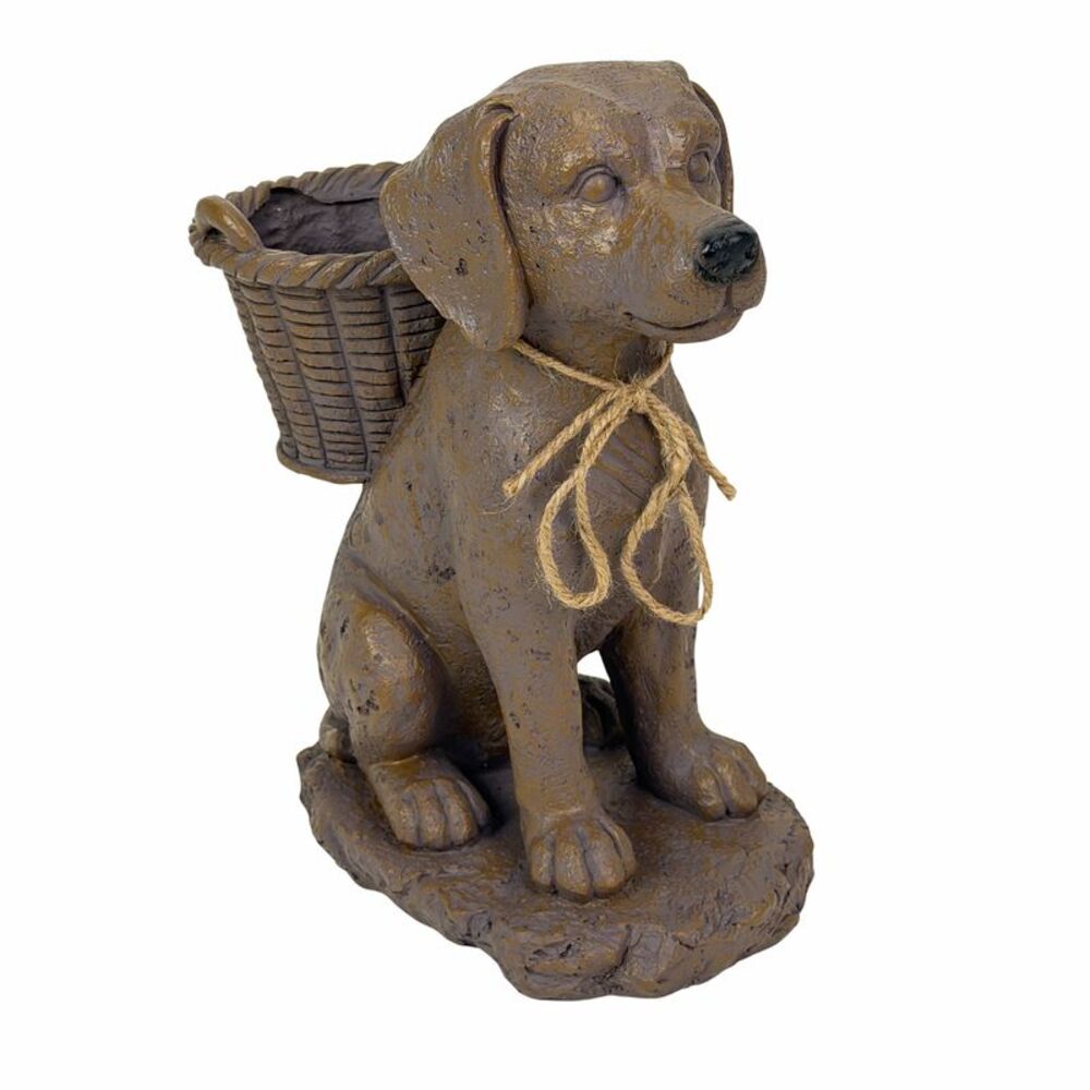 Sitting Dog Basket Planter Rustic Brown Magnesium Oxide 13 Inch Garden Statue